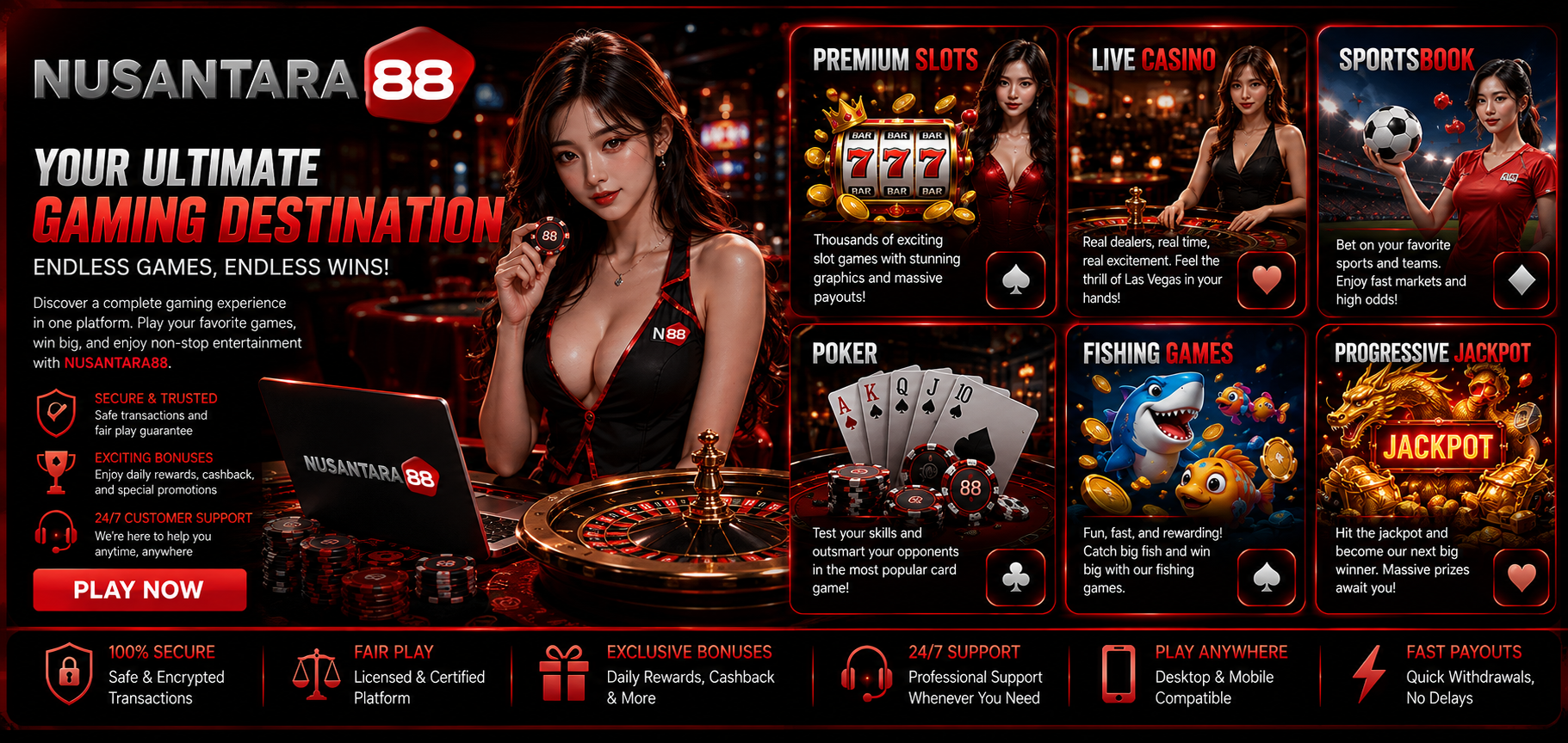 Nusantara88 Games - Play Premium Slots, Live Casino, Sportsbook, Poker, Fishing Games & Progressive Jackpot Online